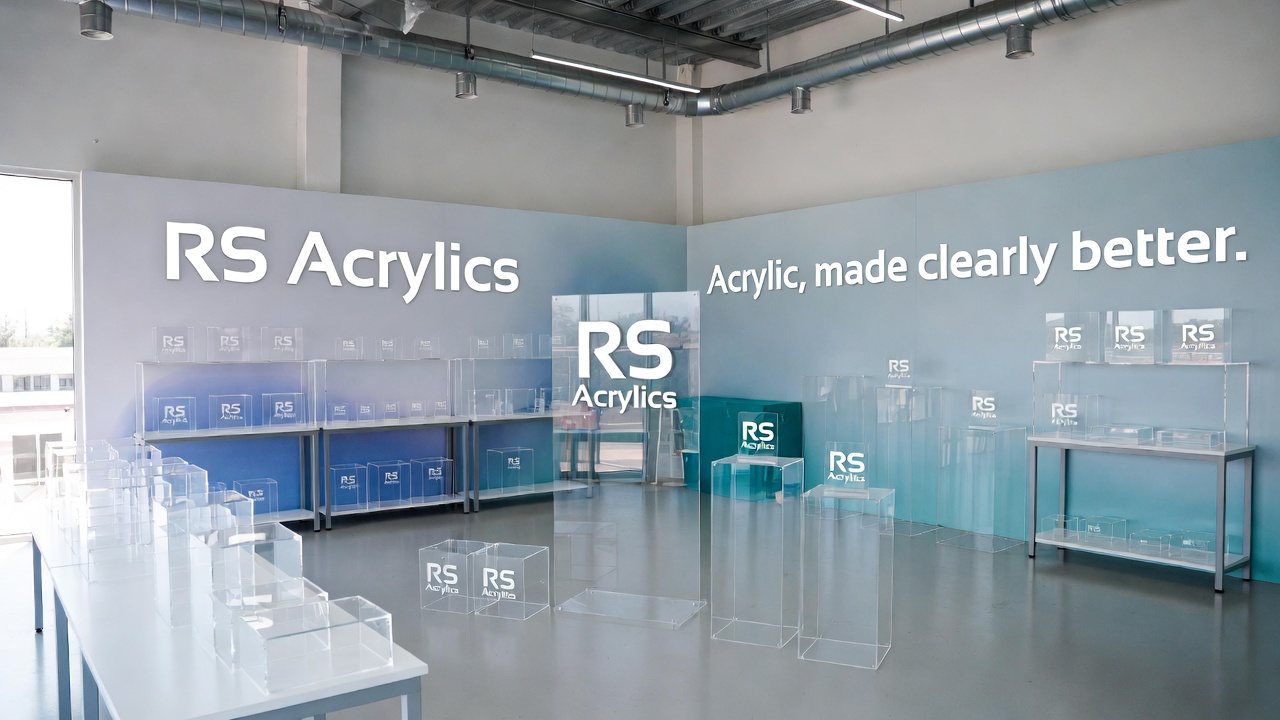 RS Acrylics showroom in Dubai with branded acrylic displays and podiums